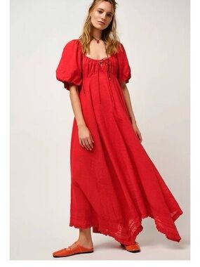 Anthropologie Red Puff-Sleeve Maxi Dress